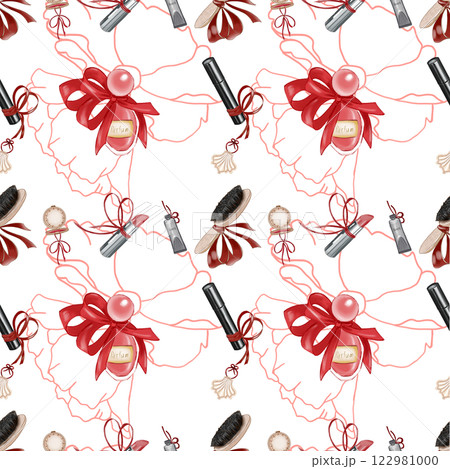 Makeup products pattern. Cosmetics. Hand drawn Illustration. 122981000
