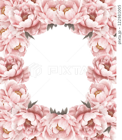 Elegant frame of a lush bouquet of delicate peonies for a greeting card or invitation Elegant frame of a lush bouquet of delicate peonies for a greeting card or invitation 122981005