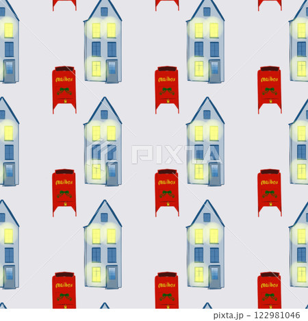 Seamless pattern. Winter house in Scandinavian simple retro style. Vintage hand drawn cartoon illustration.  122981046