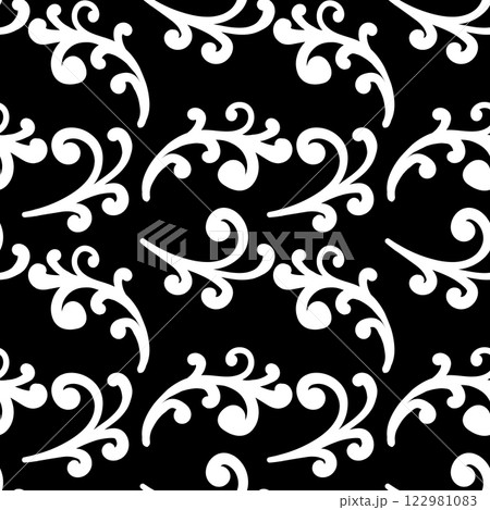 Seamless pattern with Scandy ornament with leaves and flowers. Ethnic floral black and white background. Vector illustration, template doodle hand drawing design for cloth, card, fabric 122981083