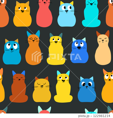 Seamless pattern with cute kitten print. Different scandy cats on color background. Scandinavian style illustration for kids. Vector illustration for fabric, textile, wallpaper, home clothing, pajama 122981214