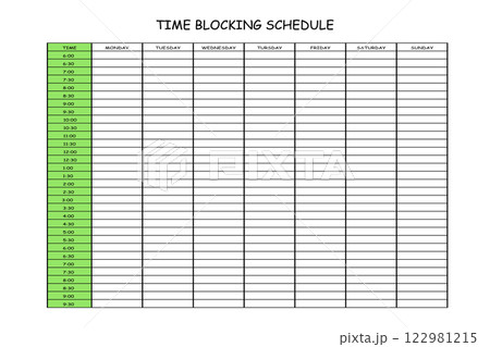 24 Hourly Weekly Schedule - Monday Start. Mockup for daily scheduling and time management. 30-minute increment hourly planner templates. Time Planner 122981215