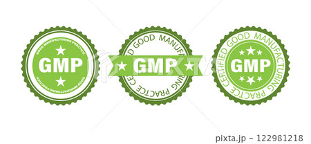 Three green seals with white text and stars, each displaying the abbreviation GMP for Good Manufacturing Practice. The center seal is accompanied by a green ribbon with a white star on top 122981218