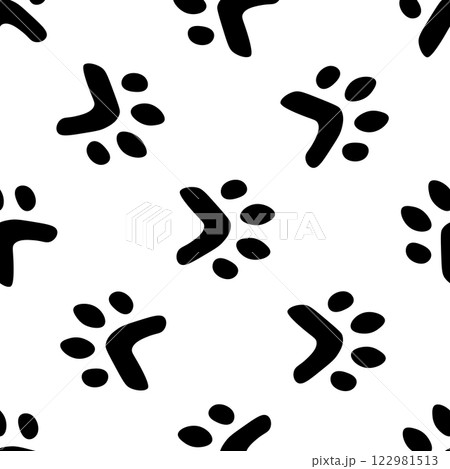 Flat cartoon animal footprint silhouette seamless pattern. Cat or dog foot, unknown animal. Black print paw trace. Vector illustration. Trendy style design Flat cartoon animal footprint silhouette seamless pattern. Cat or dog foot, unknown animal. Black print paw trace. Vector illustration. Trendy style design 122981513