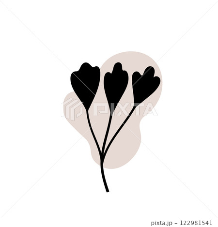 Branch with an abstract round spot. Artistic floral minimalist print. Isolated black silhouette of a plant with pastel drops. Modern watercolor shapes with leaves, acrylic ink blobs. Vector element Branch with an abstract round spot. Artistic floral minimalist print. Isolated black silhouette of a plant with pastel drops. Modern watercolor shapes with leaves, acrylic ink blobs. Vector element 122981541