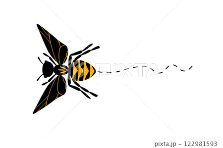 Cartoon bee mascot. A small bees flying on a dotted route. Wasp collection. Vector characters. Incest icon. Template design for invitation, cards. Doodle style 122981593