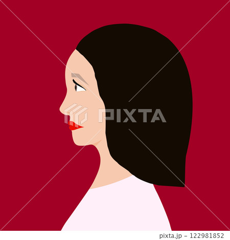 Portrait of a fashion woman. The head in profile of a European brunette woman. Face of girl. Flat design for for landing page, banner, social Media Avatar. Color vector illustration 122981852