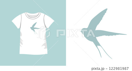 T-shirt with bird pattern. Women jersey, sport uniform kit, short fashion top, round neck blouse. Sketch Illustration. Template mock up 122981987