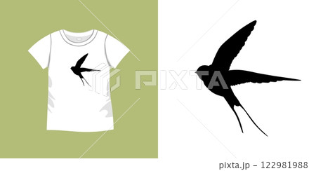 T-shirt with bird pattern. Women jersey, sport uniform kit, short fashion top, round neck blouse. Sketch Illustration. Template mock up 122981988