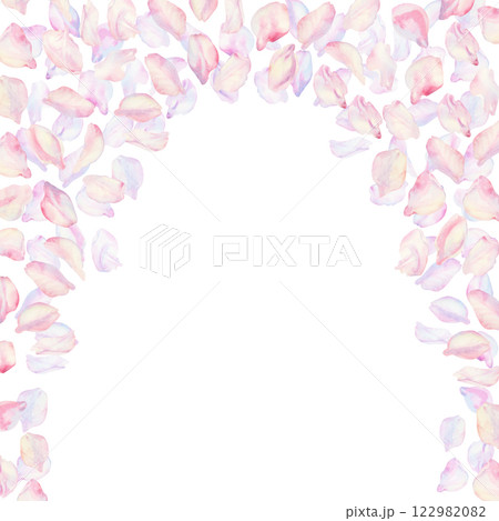 Frame with sakura flowers on background. Spring blooming cherry blossom flowers for Hanami festival. Delicate shades of pink, lilac, lilac, purple petals. Watercolor template for card, poster, web 122982082