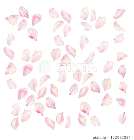 Frame with sakura flowers on background. Spring blooming cherry blossom flowers for Hanami festival. Delicate shades of pink, lilac, lilac, purple petals. Watercolor template for card, poster, web 122982084