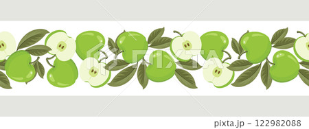 Green apple seamless border. Seamless pattern with apples whole and sliced. Illustration Green apple seamless border. Seamless pattern with apples whole and sliced. Illustration 122982088