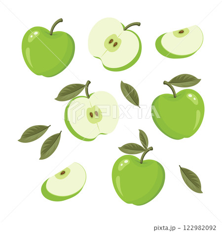 Set of green apples with leaves isolated on white background. Whole, half and slices of ripe juicy fruit. Summer harvest. Illustration 122982092