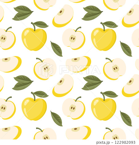 Yellow apples seamless pattern. Seamless pattern with apples whole and sliced. Illustration 122982093