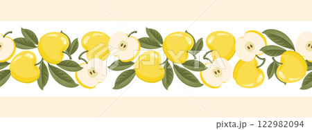 Yellow apple seamless border. Seamless pattern with apples whole and sliced. Illustration 122982094