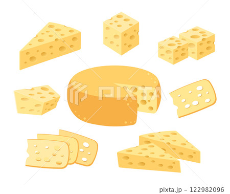Cheese icons set. Swiss cheese wheel and slices. Cheese and pieces of cheese. Illustration 122982096