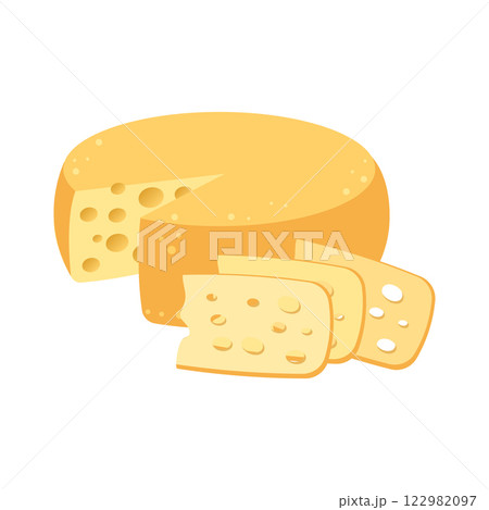 Swiss cheese wheel and slices. Cheese icon. Cheese and pieces of cheese. Illustration 122982097