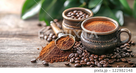 Rustic coffee setup with ground coffee, beans, and traditional clay cups on a wooden surface, creating a warm and inviting atmosphere. Rustic coffee setup with ground coffee, beans, and traditional clay cups on a wooden surface, creating a warm and inviting atmosphere. 122982148