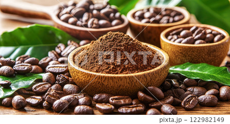 Freshly ground coffee in a wooden bowl surrounded by coffee beans and green leaves, emphasizing natural and organic elements. 122982149