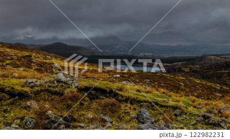 A vast landscape showcases a serene lake surrounded by majestic mountains, shrouded in dark clouds and mossy terrain, capturing a tranquil yet moody atmosphere in nature. A vast landscape showcases a serene lake surrounded by majestic mountains, shrouded in dark clouds and mossy terrain, capturing a tranquil yet moody atmosphere in nature. 122982231