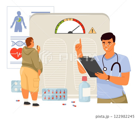 A healthcare professional is engaged with a patient while reviewing health data and medication. Charts, pills, and a monitor indicate a thorough examination process 122982245
