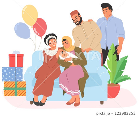 A Muslim family gathers joyfully on a couch, celebrating a special event with gifts and colorful balloons, sharing love and happiness in their home environment A Muslim family gathers joyfully on a couch, celebrating a special event with gifts and colorful balloons, sharing love and happiness in their home environment 122982253