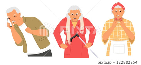 Three elderly characters display a range of emotions. One is angry on a phone call, another is frustrated with a cane, while the third appears annoyed with hands on her chin Three elderly characters display a range of emotions. One is angry on a phone call, another is frustrated with a cane, while the third appears annoyed with hands on her chin 122982254
