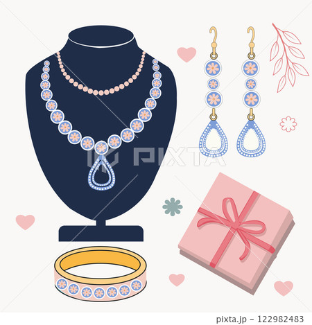 Flat fashion Set of Jewelry accessories on mannequin bust 122982483
