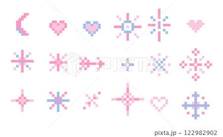 Pixel star sparkle cute retro 8 bit sparkle set. Shiny pink game pixel art effect set. Firework burst, arrow, space decoration. 90s aesthetics, y2k Pixel star sparkle cute retro 8 bit sparkle set. Shiny pink game pixel art effect set. Firework burst, arrow, space decoration. 90s aesthetics, y2k 122982902