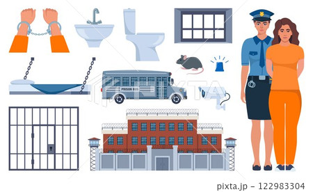 Woman police officer holding handcuffed criminal woman in orange prison uniform. Prison elements. Penitentiary system icons. Vector illustration. 122983304