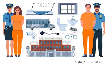 Woman police officer holding handcuffed criminal woman in orange prison uniform. Prison elements. Penitentiary system icons. Vector illustration. 122983306