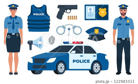 Police officer and Police professional equipment for pursue and capture a criminal. Police accessories, tools. Vector illustration. 122983311