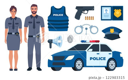 Police officer and Police professional equipment for pursue and capture a criminal. Police accessories, tools. Vector illustration. 122983315