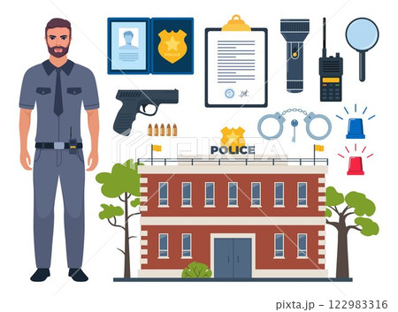 Police officer and Police professional equipment for pursue and capture a criminal. Police accessories, tools. Vector illustration. 122983316
