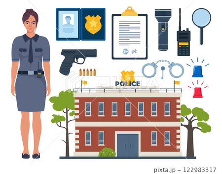 Police officer and Police professional equipment for pursue and capture a criminal. Police accessories, tools. Vector illustration. 122983317