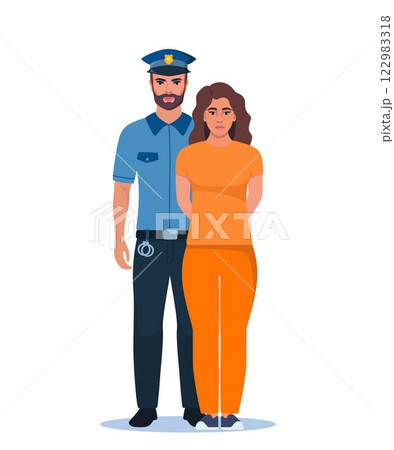 Policeman holding handcuffed criminal in orange prison uniform. Prisoner standing with police officer. Vector illustration. Policeman holding handcuffed criminal in orange prison uniform. Prisoner standing with police officer. Vector illustration. 122983318