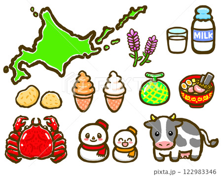 北海道の特産品アイコンの落書き風イラスト素材セット 122983346