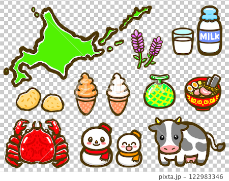 北海道の特産品アイコンの落書き風イラスト素材セット 122983346