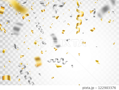 Gold and silver confetti. Falling glitter paper banner. Anniversary party design. Carnival serpentine and tinsel poster. Celebrate event card. Festive birthday. Win frame. Vector illustration Gold and silver confetti. Falling glitter paper banner. Anniversary party design. Carnival serpentine and tinsel poster. Celebrate event card. Festive birthday. Win frame. Vector illustration 122983376