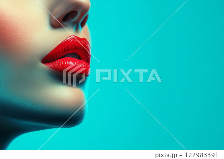 Close-up of glossy red lips on turquoise background 122983391