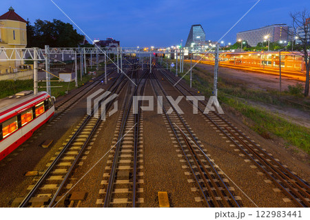 Railway Tracks at Dusk in Poznan, Poland Railway Tracks at Dusk in Poznan, Poland 122983441
