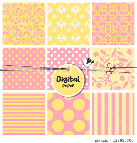 Seamless scrapbook pattern set, flowers, dots, stripes. Yellow and pink 122983506