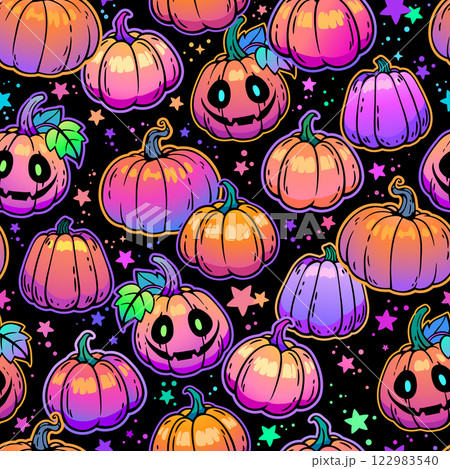 Seamless illustration of cute cartoon Halloween pumpkins and stars	 122983540