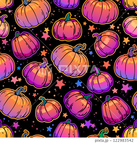 Seamless illustration. Bright cartoon pumpkins and stars on a black background	 122983542