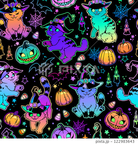 Cute cats in witch hats. Halloween seamless illustration 122983643