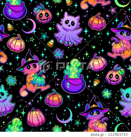 Seamless vector illustration. Cute cats and ghosts, Halloween theme 122983733
