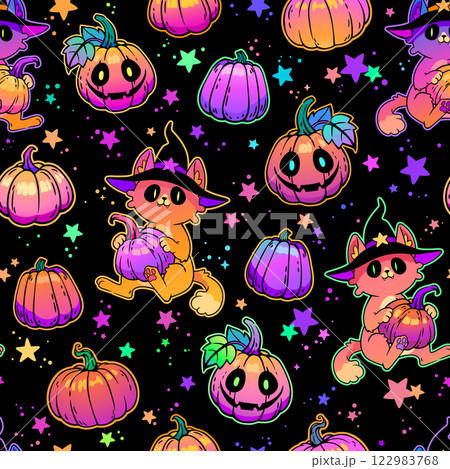 Seamless vector illustration of festive Halloween cats with pumpkins Seamless vector illustration of festive Halloween cats with pumpkins 122983768