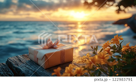 eco wrapped gift box on wooden table with ocean and sunset background 122983791