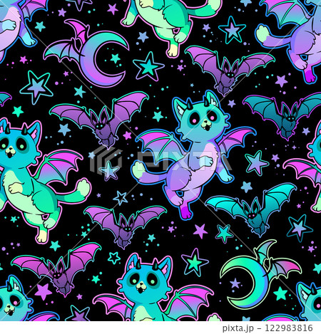 Seamless vector illustration. Cute winged fantasy cats and bats on a black background 122983816