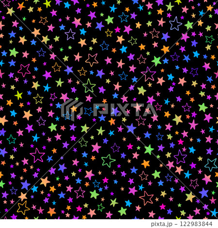Seamless pattern of bright multi-colored stars on a black background 122983844